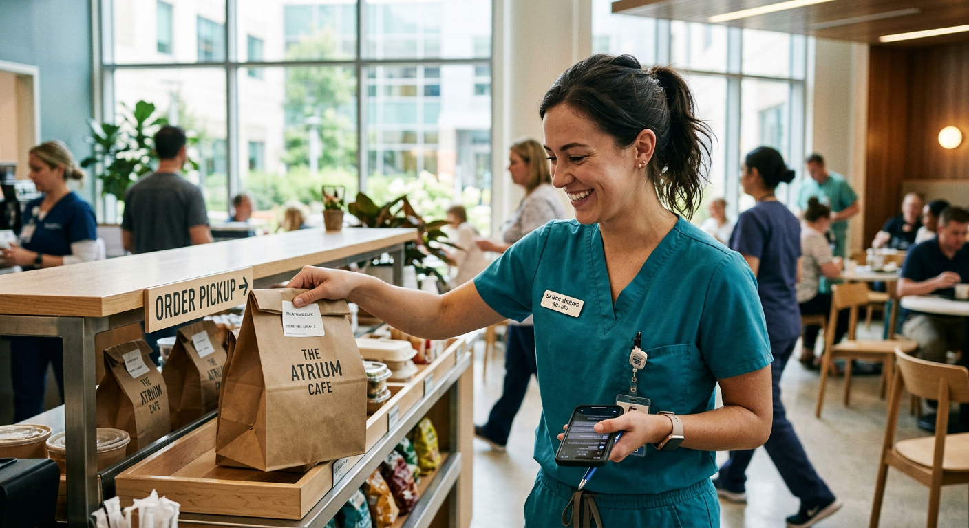 A nurse in scrubs picking up a takeaway order from a pickup shelf