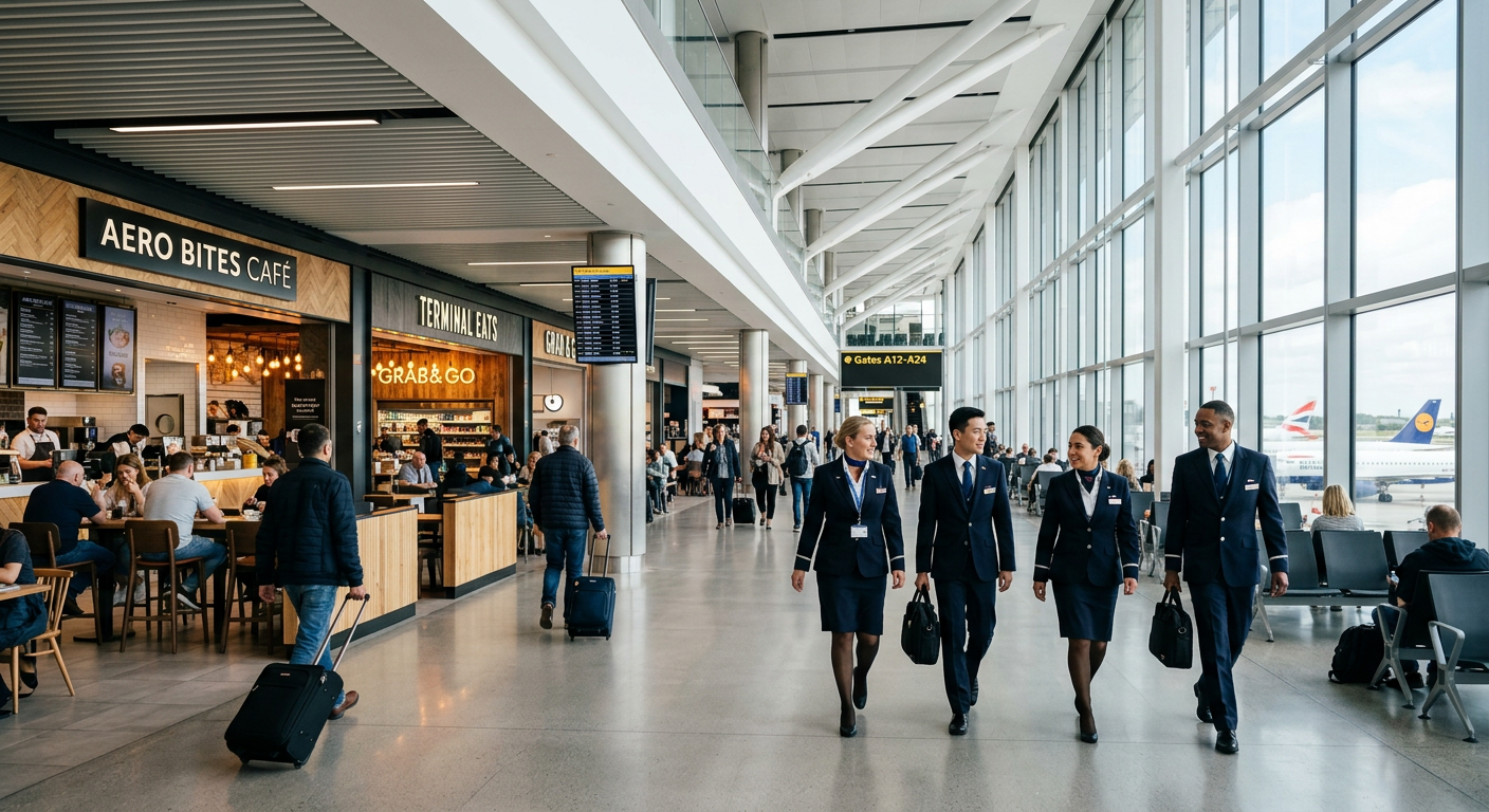 Airline staff walking through a bright airport concourse near a food court