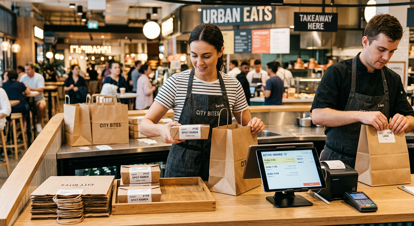 Restaurant staff packing labeled takeaway orders at a food court counter